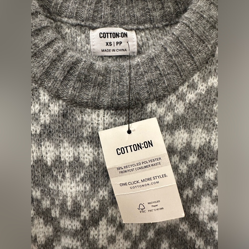 NWT Cotton On Everything Crew Neck Pullover Sweater XS Grey White Cabincore Ski - Picture 2 of 6